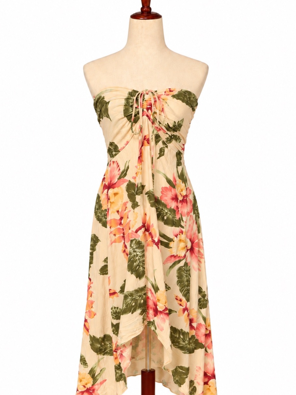 Sunny Island Hawaiian strapless dress w smocking, tie bow,hibiscus print. XS